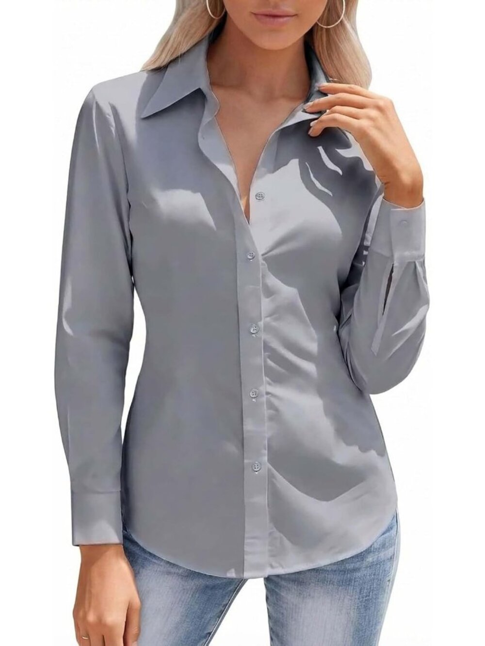 Women's Gray Button Down Long Sleeve Stretch Slim Fit Wrinkle Free Work Shirts